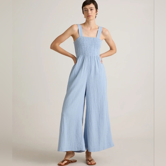 Quince Pants - Quince 100% Organic Cotton Gauze Smocked Wide Leg Jumpsuit in Ocean Breeze